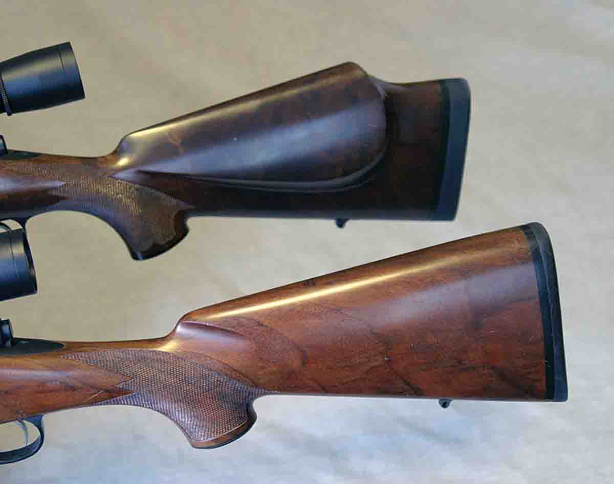 These stocks were made by the same custom stockmaker for two different customers, and fit each shooter so well felt recoil was noticeably reduced – unless they shot each other’s rifle.